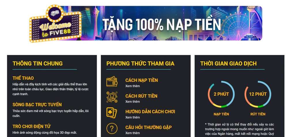 Tặng 100% giá trị cho lần nạp đầu tại Five88